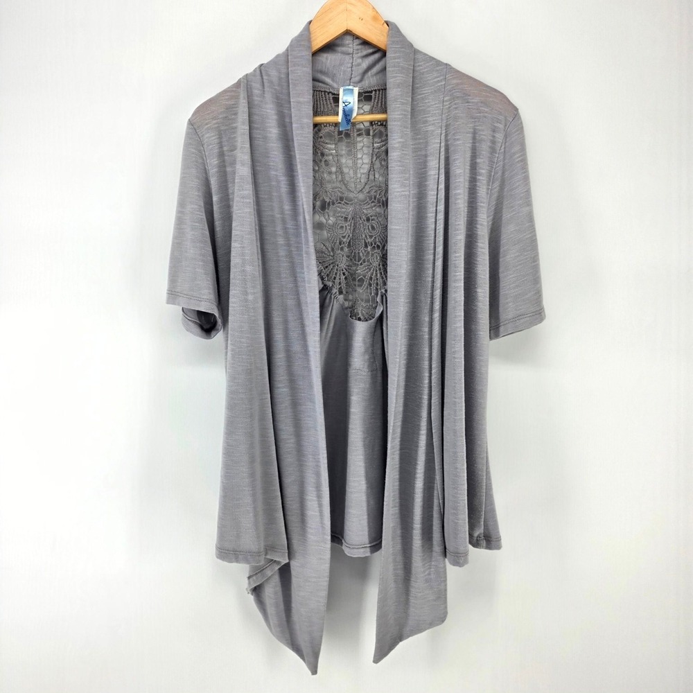 Annabelle Cardigan Womens 1X Gray Crochet Lace Back Draped Open Front N3060X‎